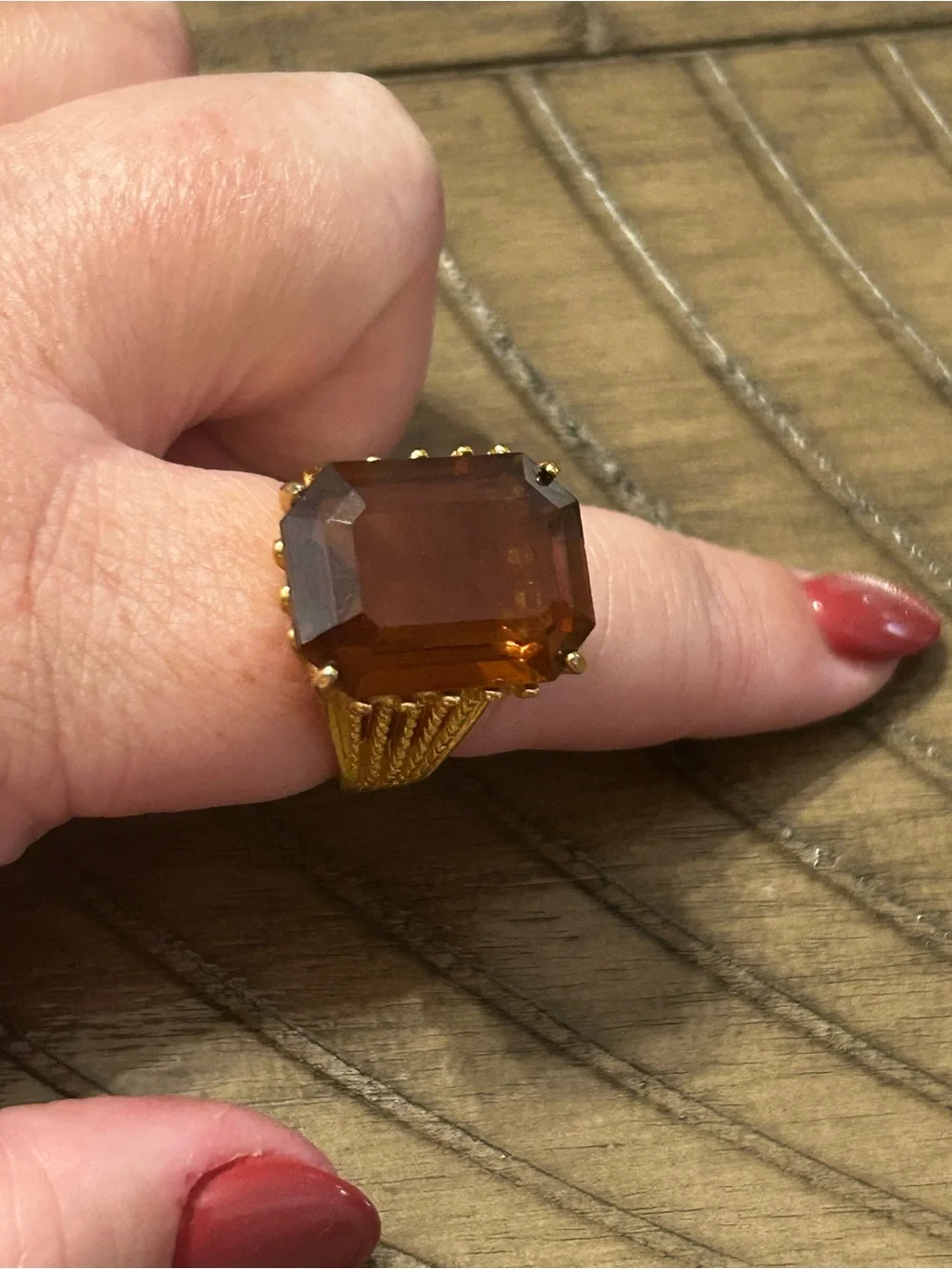 Vintage 18K Gold-Plated Cocktail Ring with Large Amber Stone - Women's Jewelry